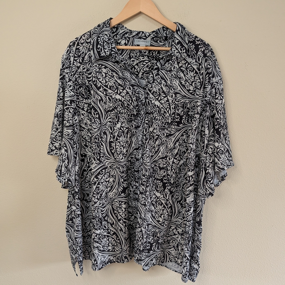 Catherines Paisley Blouse Womens 4X Black White Floral Scrollβ Print Tunic Top